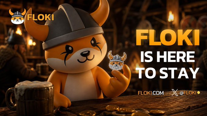 A promotional banner for FLOKI featuring a 3D animated dog mascot wearing a Viking helmet, holding a diamond coin, with the text "FLOKI IS HERE TO STAY" and the FLOKI.COM website.