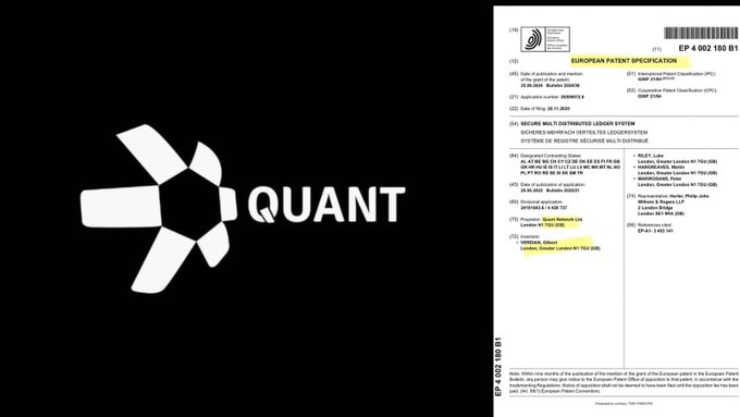 The image displays the iQuant logo alongside a European Patent Specification document (EP 4 002 180 B1) granted to Quant Network Ltd for their "Secure Multi Distributed Ledger System." This visually reinforces the post's claim about Quant Network receiving a European patent for their innovative blockchain technology.