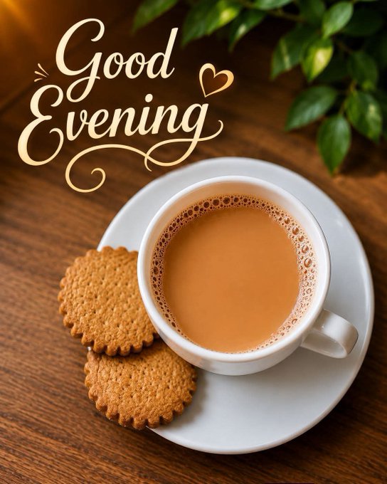 A 'Good Evening' greeting in elegant gold script above a cup of milky tea with biscuits on a saucer.