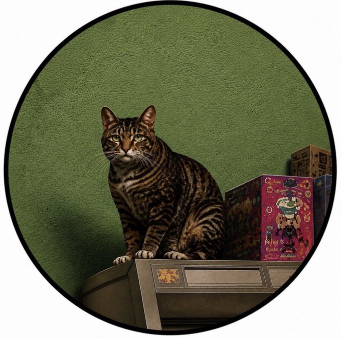 A tabby cat sits on a dresser against a green wall next to colorful wooden building blocks, framed within a circular border.