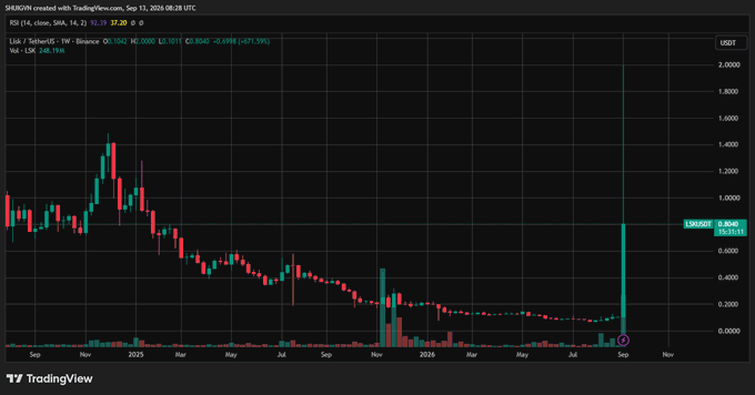 A TradingView candlestick chart of SHIB2INU against TetherUS (USDT) on Binance, showing a long downtrend followed by a sudden sharp upward spike on the right side of the chart.