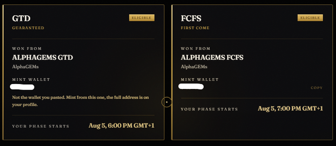 Two dark-themed panels showing cryptocurrency airdrop phases: 'GTD GUARANTEED' from AlphagemsGTD starting Aug 5, 6:00 PM GMT+1, and 'FCFS FIRST COME' from AlphagemsFCFS starting Aug 5, 7:00 PM GMT+1, both marked as Eligible.