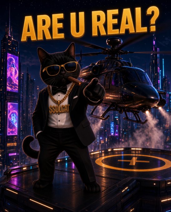 A stylized digital illustration of a black cat wearing sunglasses, a tuxedo with a gold chain reading "SSOLCAT," standing on a helipad with a helicopter and cyberpunk city skyline in the background, with the text "ARE U REAL?" at the top.
