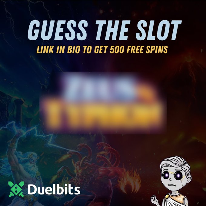 A promotional graphic for a "GUESS THE SLOT" challenge on Duelbits, featuring the tagline "LINK IN BIO TO GET 500 FREE SPINS" over a blurred slot game background with Greek mythological imagery (Zeus and a multi-headed creature) and a cartoon mascot. The image aligns with the post's call for viewers to guess the hidden slot game, follow @Unemployydd and @Duelbits, and drop SOL wallets to participate.