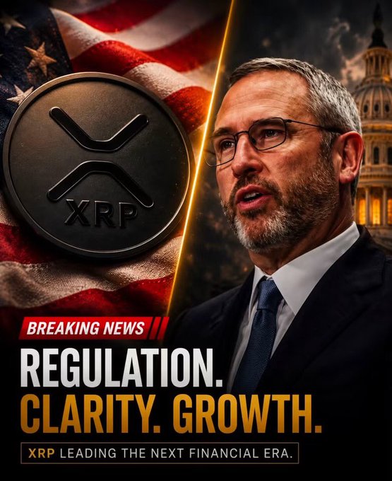 A promotional graphic featuring a XRP coin with the US flag in the background and a man in a suit and glasses speaking, with text reading 'BREAKING NEWS REGULATION. CLARITY. GROWTH. XRP LEADING THE NEXT FINANCIAL ERA.'