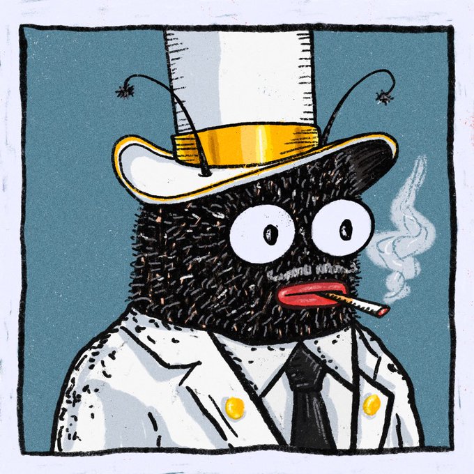 A whimsical illustration of a furry black bug-like creature wearing a white lab coat, a top hat, and smoking a cigarette.