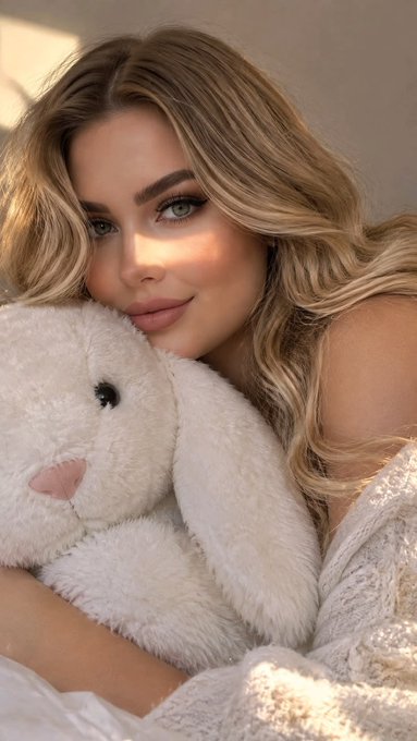 A close-up portrait of a young woman with long blonde wavy hair hugging a white plush bunny stuffed animal.