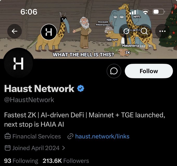 Twitter profile page for @HaustNetwork, featuring cartoon animal avatars including giraffes, an elephant, and a monkey, with the description 'Fastest ZK | AI-driven DeFi | Mainnet + TGE launched, next stop is HAIA AI' and 213.6K Followers.