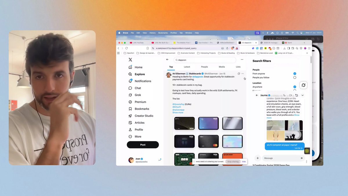 ?"This man is posing for a photo while using his computer," the post reads, "and has selected an item from the 'Social media' tab." The image also includes several computer screens displaying different applications. In one of these screens, there is a social media application, which the man has chosen to use. The content of this screenshot includes a message and some photos displayed on the screen, further emphasizing the man's engagement with various elements within his digital environment.