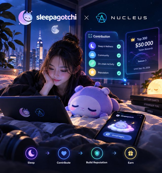 An anime-style promotional graphic for 'sleepagotchi × Nucleus' showing a woman on a laptop with a plush toy, featuring $50,000 token rewards and stages: Sleep, Contribute, Build Reputation, Earn.