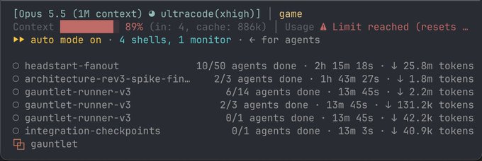 A terminal interface shows '[Opus 5.5 (1M context)]' with context usage at '89%' and various agent tasks listed like 'headstart-fanout' and 'gauntlet-runner-v3'.
