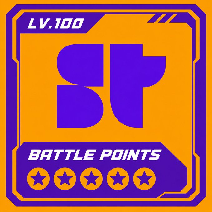 A digital icon/badge displaying 'LV.100' with a large 'SP' logo and 'BATTLE POINTS' text above five star icons in an orange and purple color scheme.