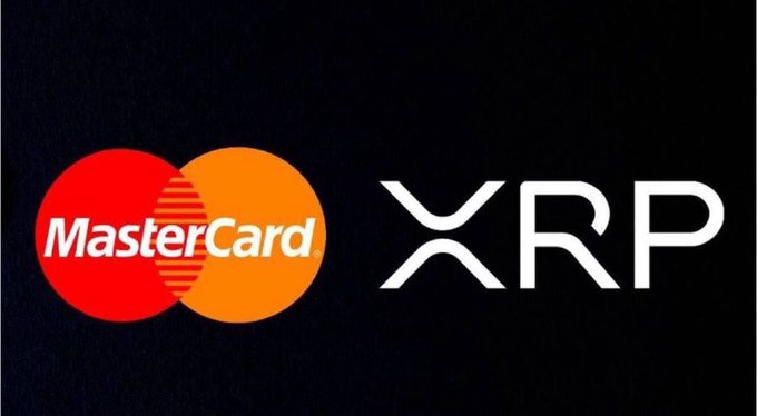 The image displays the MasterCard logo (red and orange overlapping circles with "MasterCard" text) alongside the "XRP" ticker symbol in white against a black background, visually representing the partnership referenced in the post.