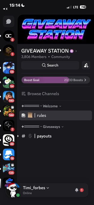A mobile screenshot displays a Discord server called 'GIVEAWAY STATION' with 3,806 members and various community channels visible.