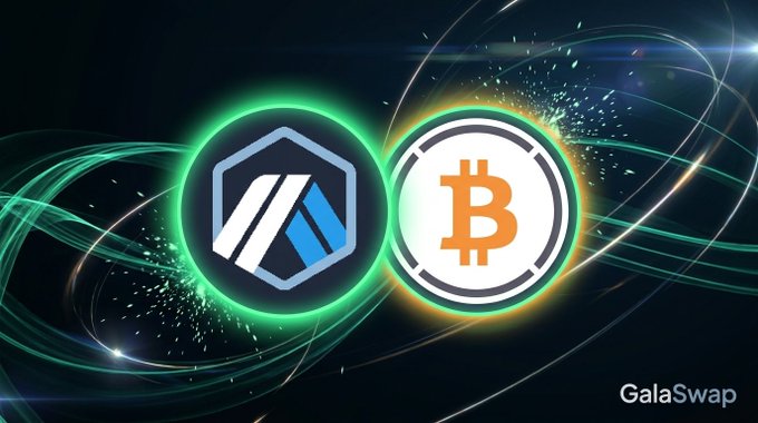 A promotional graphic for GalaSwap featuring the ARB (Arbitrum) and Bitcoin (BTC) logos glowing against a dark, cosmic background with swirling green and orange light trails, with "GalaSwap" text in the bottom right corner. The image visually represents the highlighted ARB/WBTC liquidity pool, showcasing the two tokens whose trading pair is featured in the post.