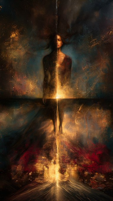 A mystical painting depicts a woman standing within a column of glowing golden light, split down the middle, set against a dark, cloudy background with a vibrant red floral landscape below.