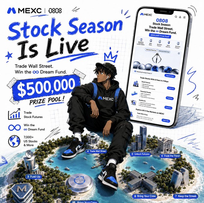 A MEXC cryptocurrency exchange promotional graphic for "0808 Stock Season" featuring an illustrated young man in MEXC streetwear sitting on a floating island with a $500,000 prize pool.