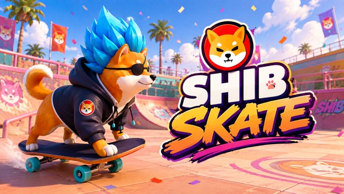 Promotional graphic for 'SHIB SKATE' featuring a Shiba Inu dog with blue spiky hair wearing sunglasses and a black hoodie, riding a skateboard in a colorful skate park.
