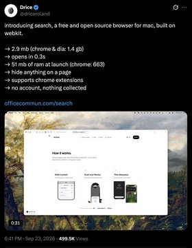 Social media post by 'Drice @driceonland' announcing the launch of 'search,' a free and open source browser for Mac built on webkit, with features including 2.9 mb size, opens in 0.2s, 51 mb RAM usage, and privacy features like no account required and nothing collected, linking to officecomm.com/search.