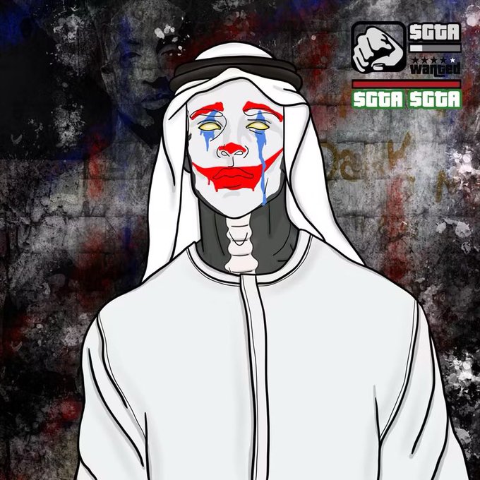 An illustration depicts a figure wearing a white robe and headscarf with clown-like makeup resembling the Joker, with 'SGTA SGGA' logos and a 'WANTED' stamp visible.