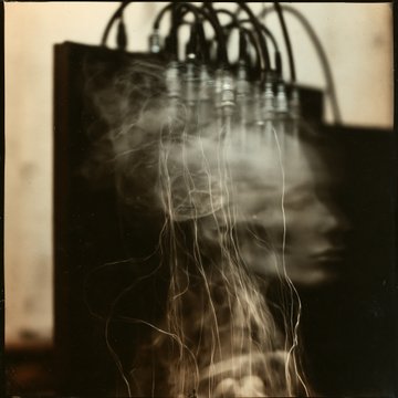 A blurry, sepia-toned artistic photograph showing a face partially obscured by hanging wires and smoke-like effects, giving it an eerie, dreamlike quality.