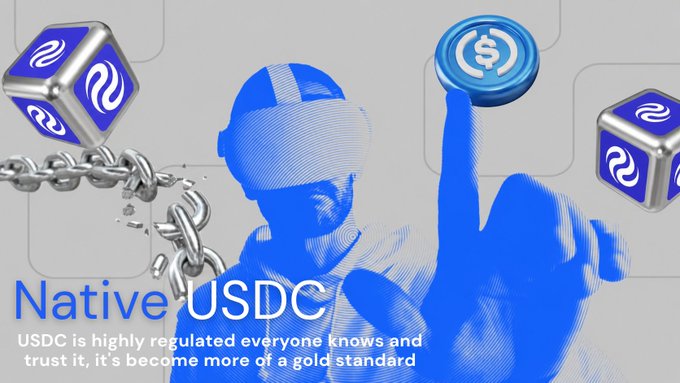A stylized blue-tinted figure presses a USDC token, surrounded by floating Injective protocol cubes and chains, illustrating the integration of regulated stablecoins as a foundational "dollar rail" for real-world markets. Text reads "Native USDC — USDC is highly regulated everyone knows and trust it, it's become more of a gold standard."