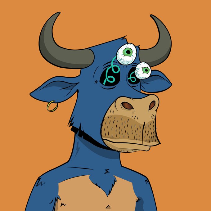 A cartoon illustration shows a blue bull-like creature with horns, multiple eyes, and an earring against an orange background, resembling the Bored Ape aesthetic.