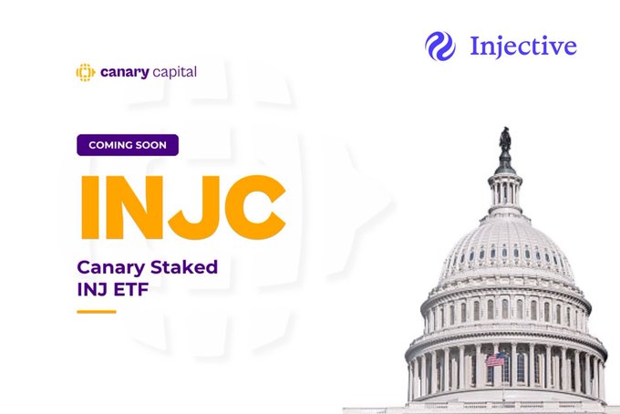 A promotional graphic announcing the 'INJC Canary Staked INJ ETF' as 'COMING SOON' with logos for Canary Capital and Injective, alongside an image of the US Capitol.