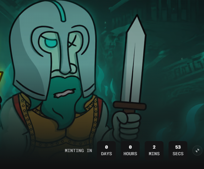 A cartoon illustration of a bearded character wearing a metallic helmet and holding a sword, with a countdown timer at the bottom indicating 'MINTING IN 0 DAYS 0 HOURS 2 MINS 53 SECS'.