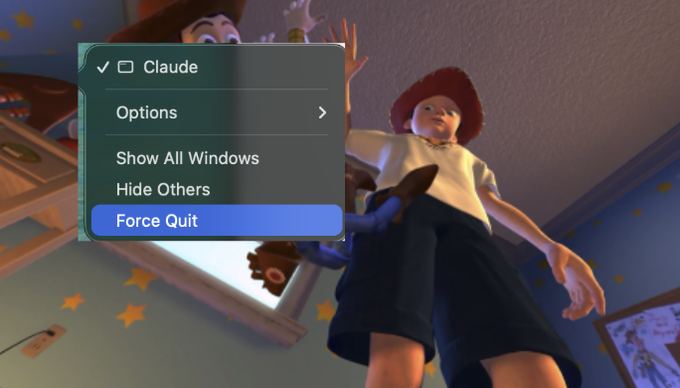 A macOS context menu shows the option "Force Quit" highlighted for the "Claude" application, with an animated scene of a character in a bedroom visible in the background. The image illustrates the user's frustration after a 15-minute interaction with Claude on what was likely the solana blockchain (5.6 SOL), suggesting they need to force quit the unresponsive app.