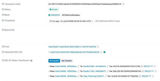 A blockchain transaction confirmation page displaying the hash "0x12fb71b700d1a6a9a7b7f005937a95304abc54a99a5e27bebadaeea450687c5" with status "Success," showing ERC-20 transfers from the victim address "0x3e1B8f98_EdF4509aa" to phishing addresses, including "Fake_Phishing1134371," confirming the unauthorized transfer of approximately $340K worth of "Alpha USDC Delta V" tokens.