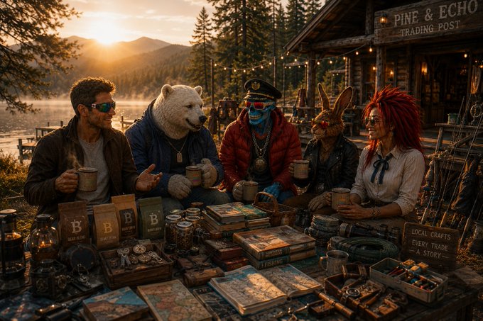 The image features a group of four people sitting around a table, with two men wearing animal costumes and one woman dressed as a rabbit. They are all holding drinks and surrounded by various items such as books and mementos. The scene appears to be set in an outdoor area or at a fairground, possibly near a trading post. The image is related to the post "Gm frens Some people collect tokens. Some people collect experiences. The lucky ones collect both."