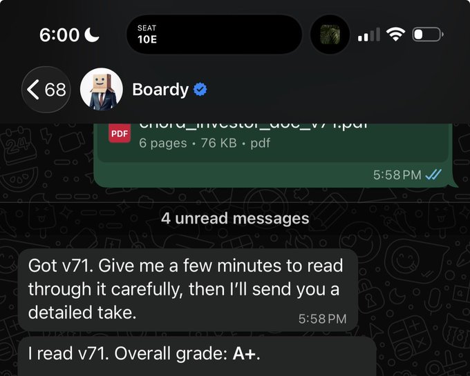 A screenshot of a WhatsApp chat titled "Boardy" with a verified blue checkmark shows messages discussing version 71 of a PDF document titled "chiara_investor_deck_v71.pdf," with the AI announcing it read the document and awarded it an overall grade of A+. The conversation directly supports the post's humor, showing the extended process of revisions before receiving the top mark from Boardy AI.