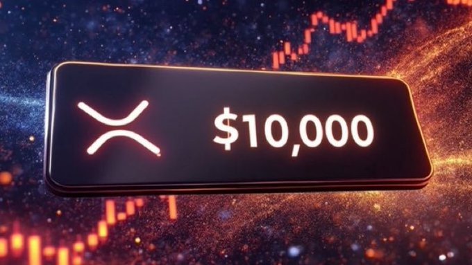 A graphic showing the XRP cryptocurrency logo next to the price '$10,000' displayed on a dark button, set against a cosmic background with a red candlestick chart pattern.