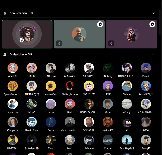A dark-mode social platform interface with Turkish text 'KONUŞMACILAR — 3' (Speakers) and 'DİNLEYİCİLER — 312' (Listeners), displaying rows of user avatars including names like 'Ahad', 'JACK', 'Johnny Quid', and 'SpaceRocket.'