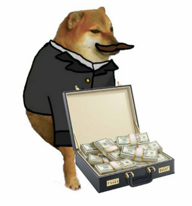 A meme image features a Shiba Inu dog wearing a suit jacket and a moustache, standing next to an open briefcase filled with stacks of cash.