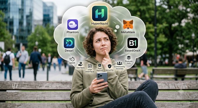 A woman sitting on a park bench looks thoughtfully at her smartphone beneath a thought bubble displaying various crypto wallet logos including Hyperliquid, MetaMask, Phantom, Dexari, and BasedOneX, with feature icons for low fees, user interface, app liquidity, security, and community reviews below.
