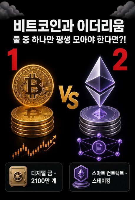 A Korean cryptocurrency comparison infographic titled "비트코인과 이더리움 둘 중 하나만 평생 모아야 한다면?!" (If you had to save only one for life, Bitcoin or Ethereum?!), showing gold Bitcoin coins (labeled "1") versus silver Ethereum coins (labeled "2") with an "VS" between them, while the post's question "$btc ? $eth ?" directly mirrors this Bitcoin versus Ethereum investment dilemma, noting Bitcoin's maximum supply of 21 million coins ("디지털 금·2100만 개") versus Ethereum's smart contract and staking features ("스마트 컨트랙트·스테이킹").