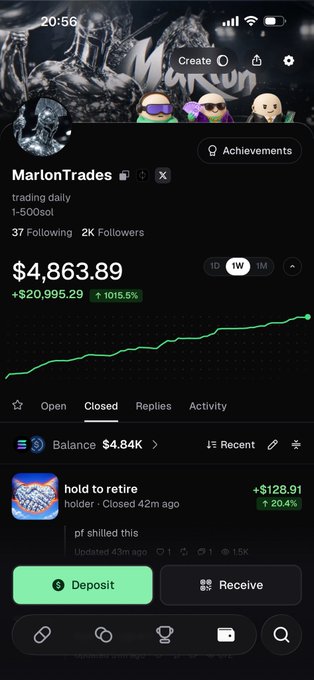 A mobile app screenshot showing a trading profile for 'MarlonTrades' with $4,863.89 portfolio value and a +1015.5% gain, displaying a green upward trend chart.