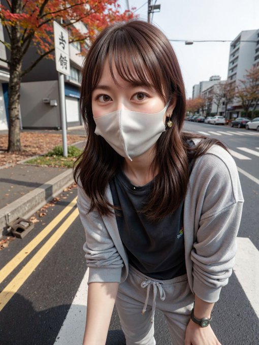 A young woman wearing a face mask and gray loungewear poses on a Japanese street, with a sign reading '弁当' visible behind her.