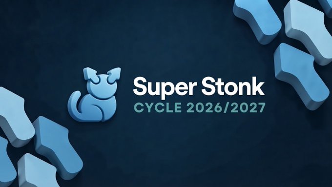 Promotional graphic featuring a stylized blue squirrel-like logo and the text "Super Stonk CYCLE 2026/2027" against a dark blue background with geometric shapes.