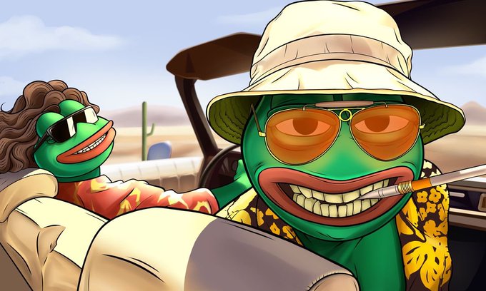 An anime-style illustration of two Pepe the Frog characters wearing sunglasses and hats riding in a vehicle through a desert landscape.