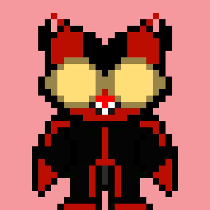 A pixel art character with red and black fur, yellow sunglasses, and a red bandana stands against a pink background.