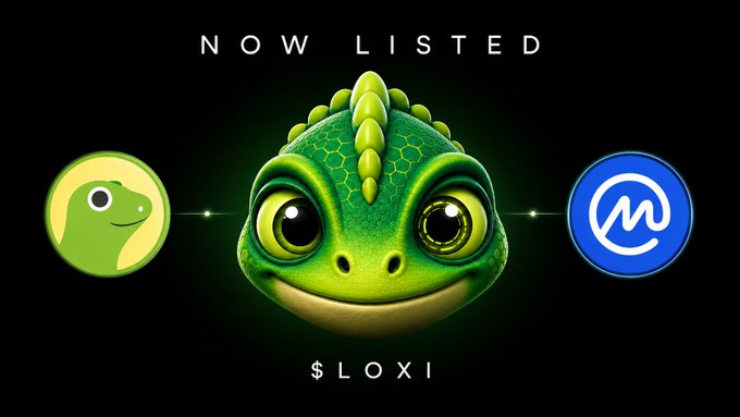 A vibrant green chameleon with large expressive eyes is centered on a black background, flanked by the CoinGecko (left) and CoinMarketCap (right) logos, with "NOW LISTED" displayed above and "$LOXI" below, visually announcing the token's new dual listing on both major crypto tracking platforms.