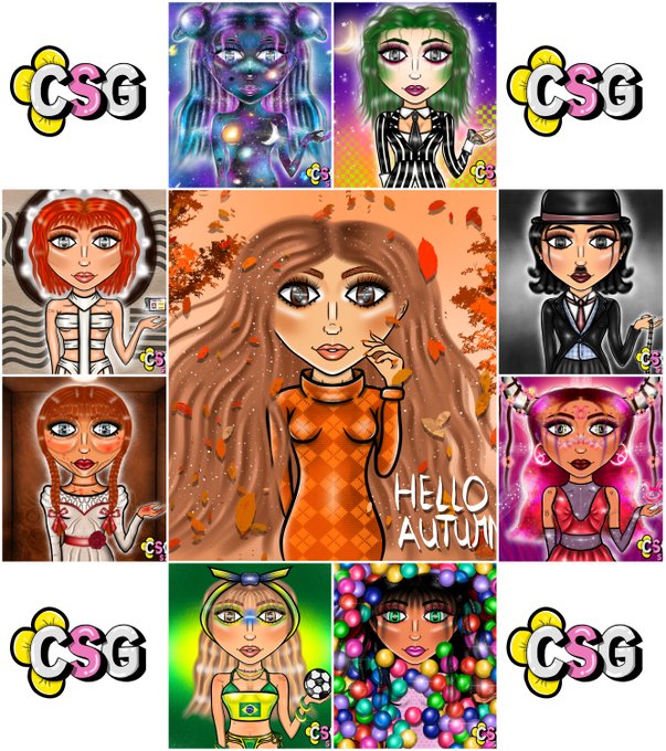 A collage showcases various CSG (Charming Story Girl) character portraits, with the central image labeled 'HELLO AUTUMN' showing a girl in an orange sweater surrounded by falling leaves.