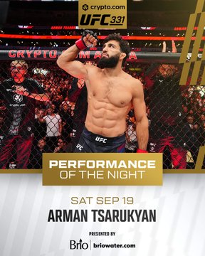 A shirtless, bearded fighter celebrates inside the octagon at UFC 331, pumping his fist to the crowd in victory. Text on the graphic reads "Performance of the Night," "Sat Sep 19," "Arman Tsarukyan," and notes it was "Presented by Brio" with "briowater.com," recognizing his first-round finish performance bonus.