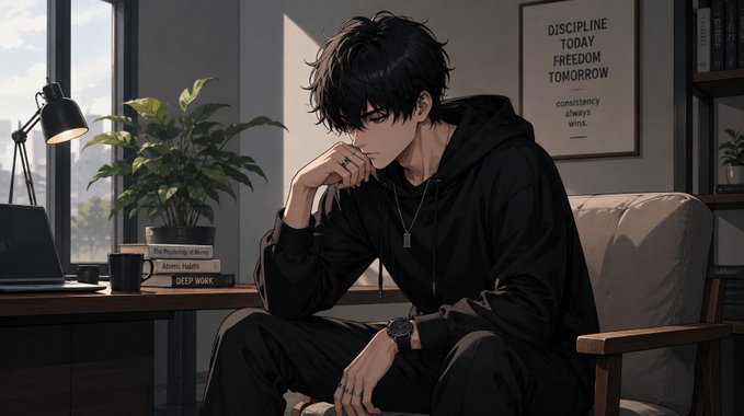 An anime-style illustration of a young man with black hair wearing a black hoodie, sitting thoughtfully in a modern room with a 'DISCIPLINE TODAY FREEDOM TOMORROW' poster on the wall behind him.