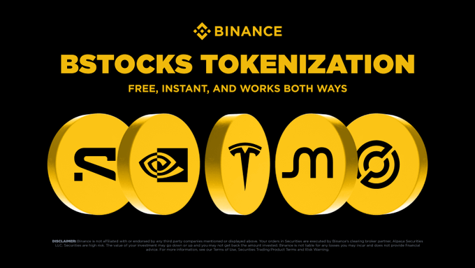 A Binance promotional graphic featuring five golden tokens with logos of CEA Industries (BNCB), NVIDIA, Tesla, MicroStrategy, and Coinbase against a black background, with the headline "BSTOCKS TOKENIZATION - FREE, INSTANT, AND WORKS BOTH WAYS," illustrating the new feature allowing users to use tokenized stocks like BNCB as collateral for margin trading.