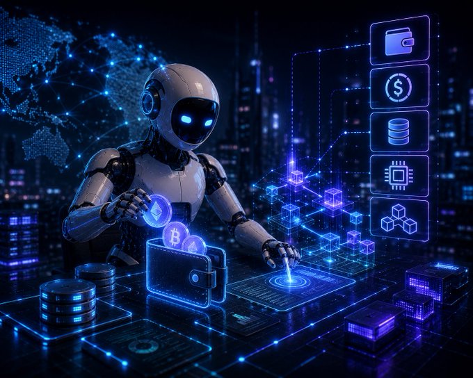 A futuristic robot with glowing blue eyes interacts with a holographic cryptocurrency interface featuring Bitcoin and Ethereum symbols, a wallet icon, dollar sign, and blockchain graphics.