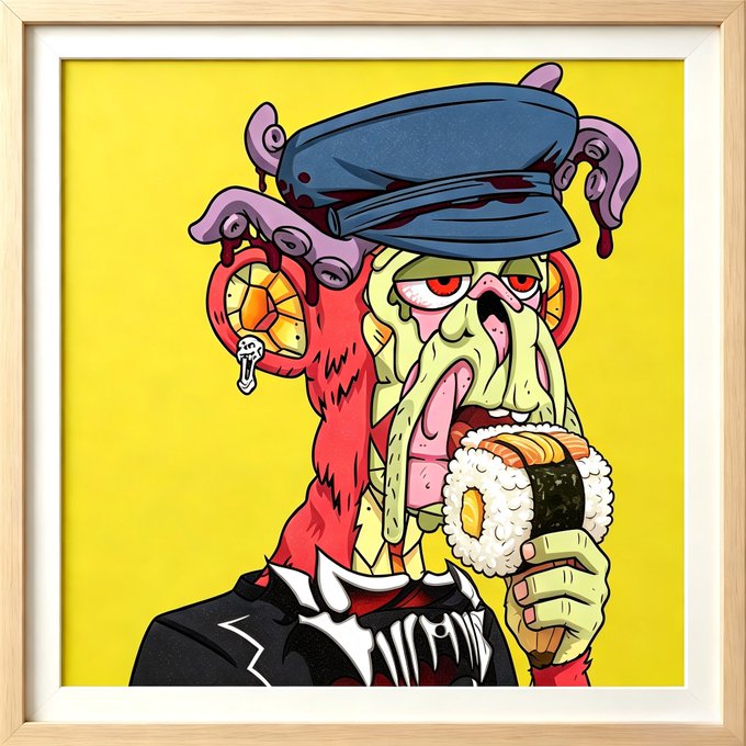 A framed cartoon illustration depicts a grotesque zombie-like character wearing a blue sailor cap and a black shirt with white lettering, eating a piece of sushi with green tentacles extending from its mouth against a yellow background.
